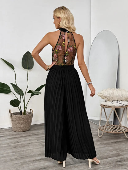 Floral Embroidered Halter Neck Pleated Jumpsuit - Drazelle Store