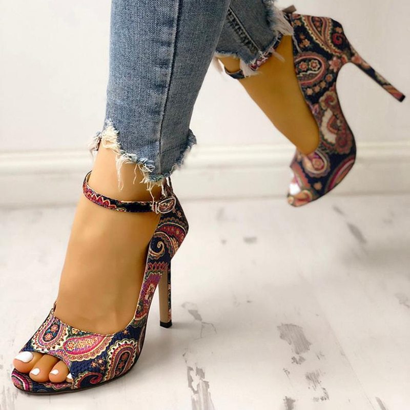 Printed toe buckle high heels - Drazelle Store