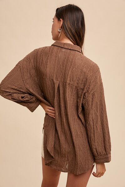 Annie Wear Openwork Button Down Drop Shoulder Shirt - Drazelle Store