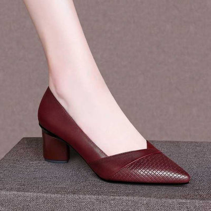 Genuine Leather Thick Heel Mid-heel Pointed Toe Women's Pumps - Drazelle Store