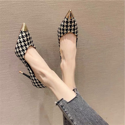 Ladies Plaid Pointed Toe Stiletto Pumps - Drazelle Store