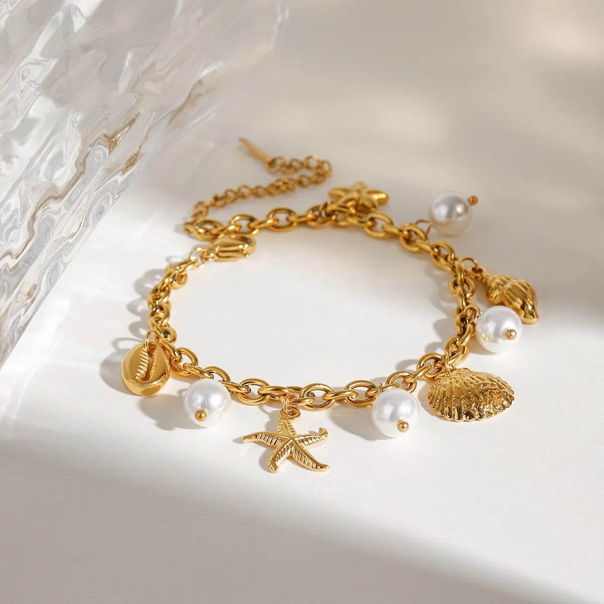 Ocean Theme Stainless Steel Chain Bracelet with Seashell and Starfish Pendants - Drazelle Store