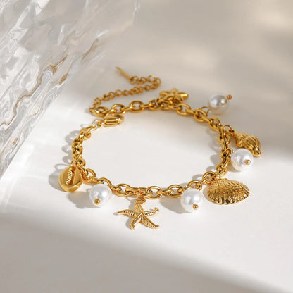 Ocean Theme Stainless Steel Chain Bracelet with Seashell and Starfish Pendants - Drazelle Store