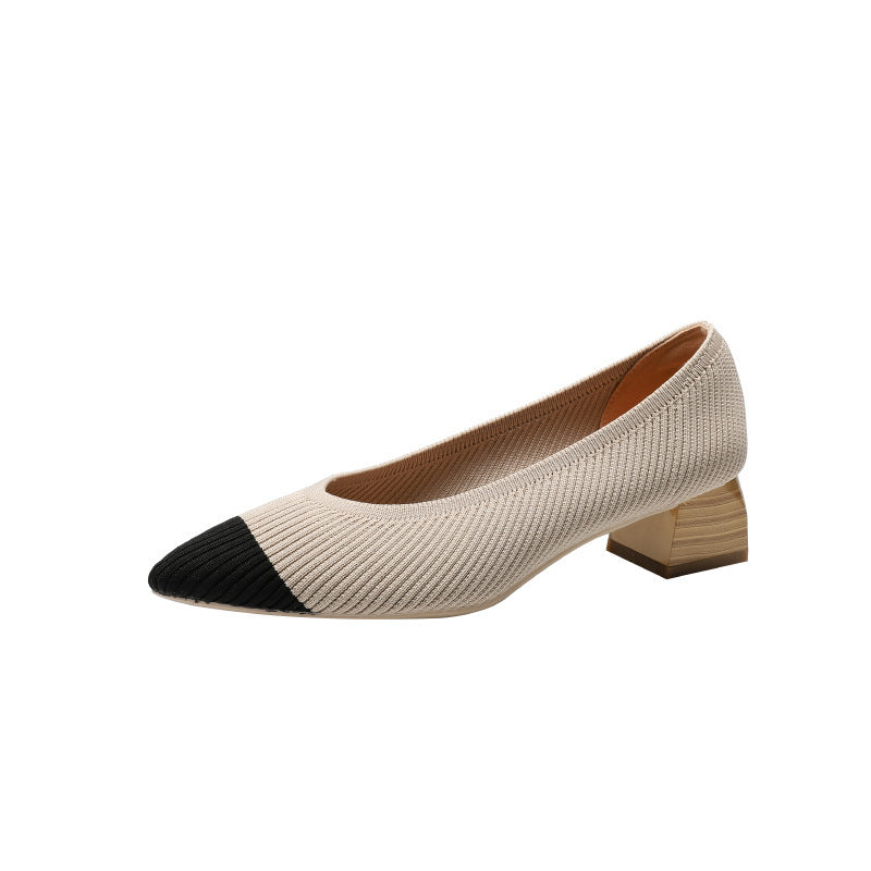 Wood Grain Thick Heel Pointed Breathable Casual Pumps - Drazelle Store