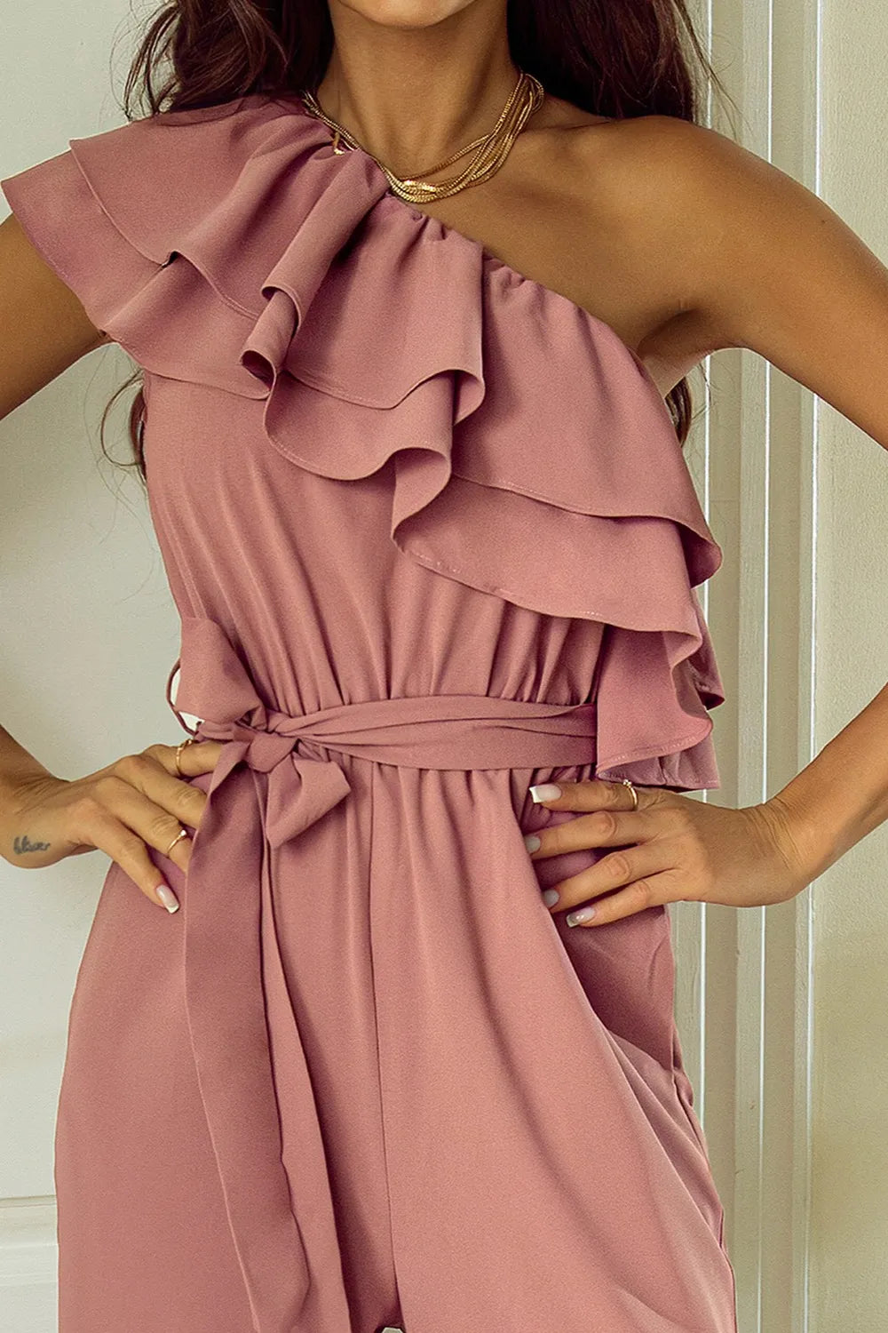 Ruffled Tied One-Shoulder Jumpsuit - Drazelle Store 