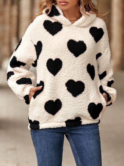 Fuzzy Heart Pocketed Dropped Shoulder Hoodie - Drazelle Store