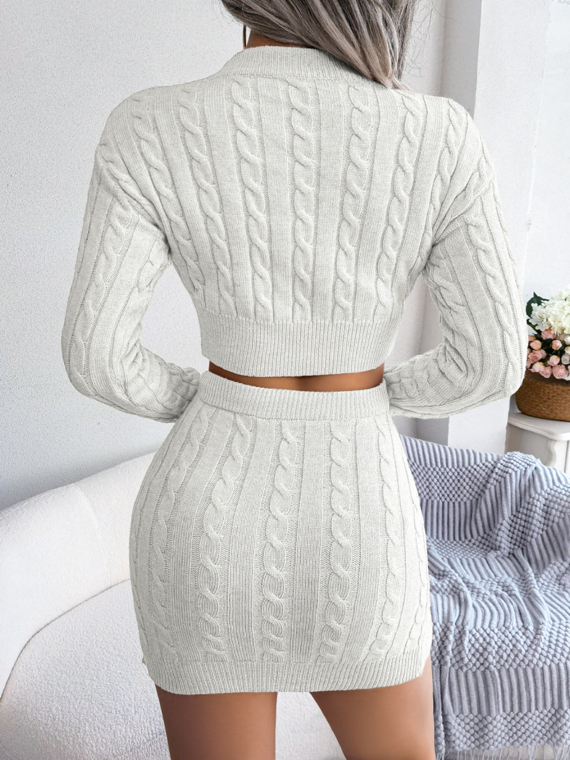 Cable-Knit Round Neck Top and Skirt Sweater Set - Drazelle Store