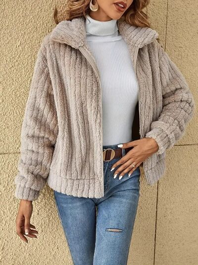 Plush Zip Up Long Sleeve Jacket - Drazelle Store