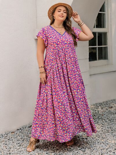 Plus Size Printed V-Neck Flutter Sleeve Tie Waist Maxi Dress - Drazelle Store