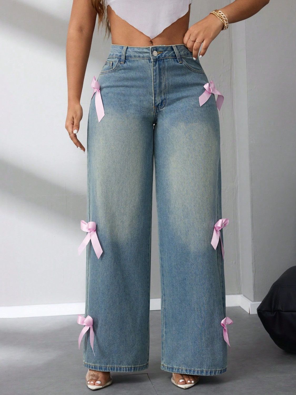 Bow High Rise Wide Leg Jeans - Drazelle Store