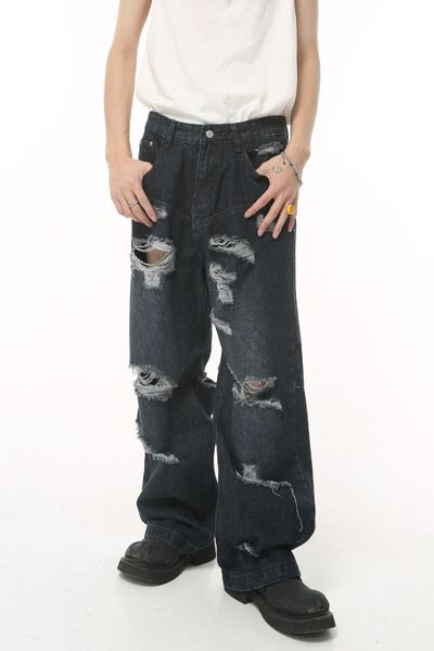 Distressed Wide Leg Pocketed Men's Jeans - Drazelle Store