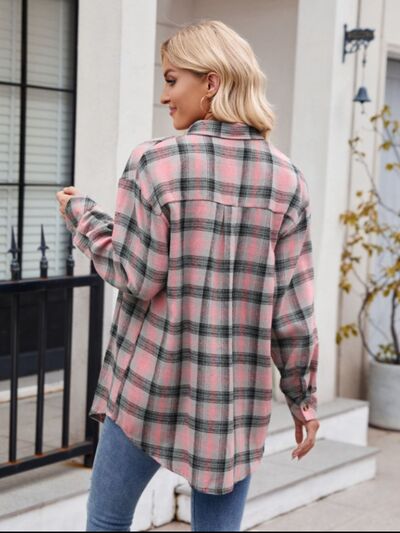 Mandy Pocketed Plaid Collared Neck Long Sleeve Shirt - Drazelle Store