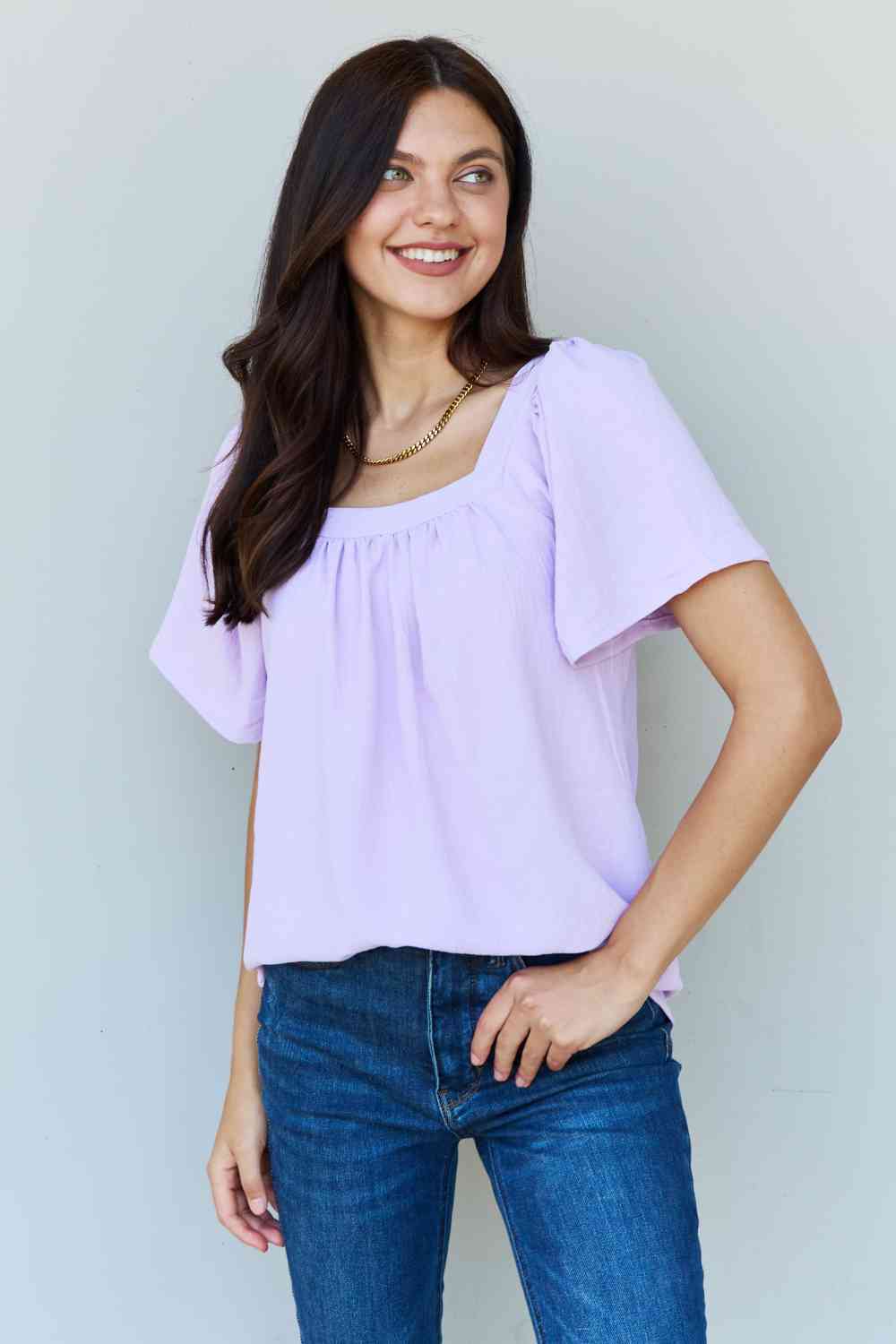 Ninexis Keep Me Close Square Neck Short Sleeve Blouse in Lavender - Drazelle Store