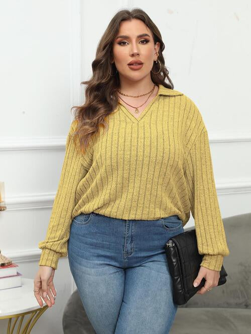 Plus Size Ribbed Collared Neck Long Sleeve Blouse - Drazelle Store