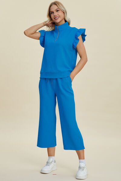 Double Take Full Size Texture Ruffle Short Sleeve Top and Wide Leg Pants Set - Drazelle Store