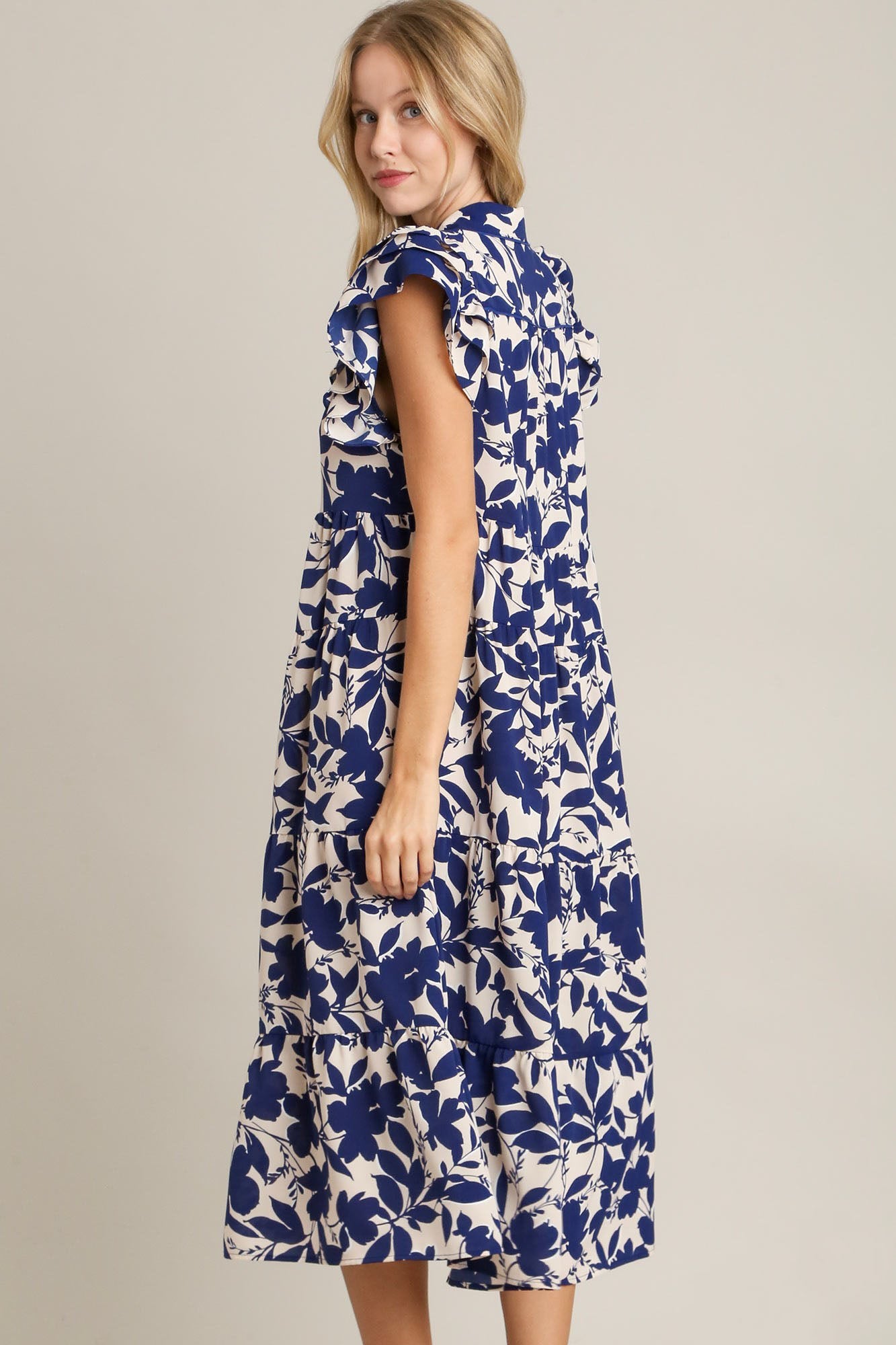 Floral Collared Ruffle Cap Sleeve Midi Dress - Drazelle Store