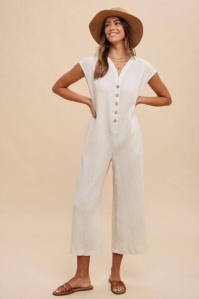 Annie Wear Button Detail Wide Leg Jumpsuit with Pockets - Drazelle Store