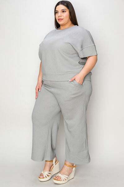 Double Take Full Size Texture Short Sleeve Top and Pants Set - Drazelle Store