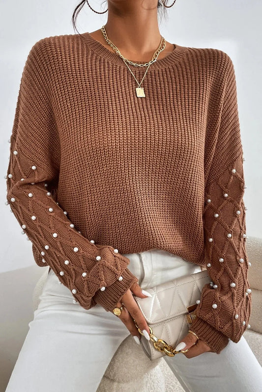 Pearl Detail Round Neck Long Sleeve Sweater - Drazelle Store