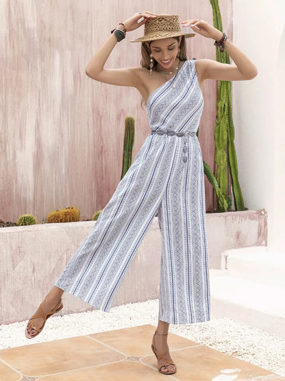 Printed Single Shoulder Sleeveless Jumpsuit - Drazelle Store