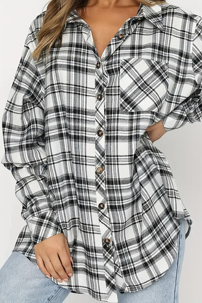 Plaid Collared Neck Long Sleeve Shirt - Drazelle Store