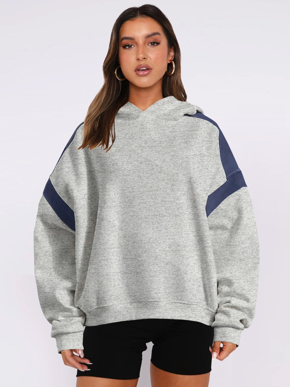 Contrast Dropped Shoulder Long Sleeve Hoodie - Drazelle Store