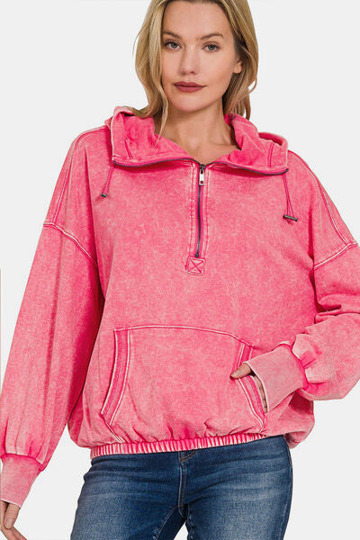 Zenana Drawstring Half Zip Dropped Shoulder Hoodie - Drazelle Store