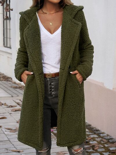 Devine Pocketed Long Sleeve Hooded Teddy Coat - Drazelle Store