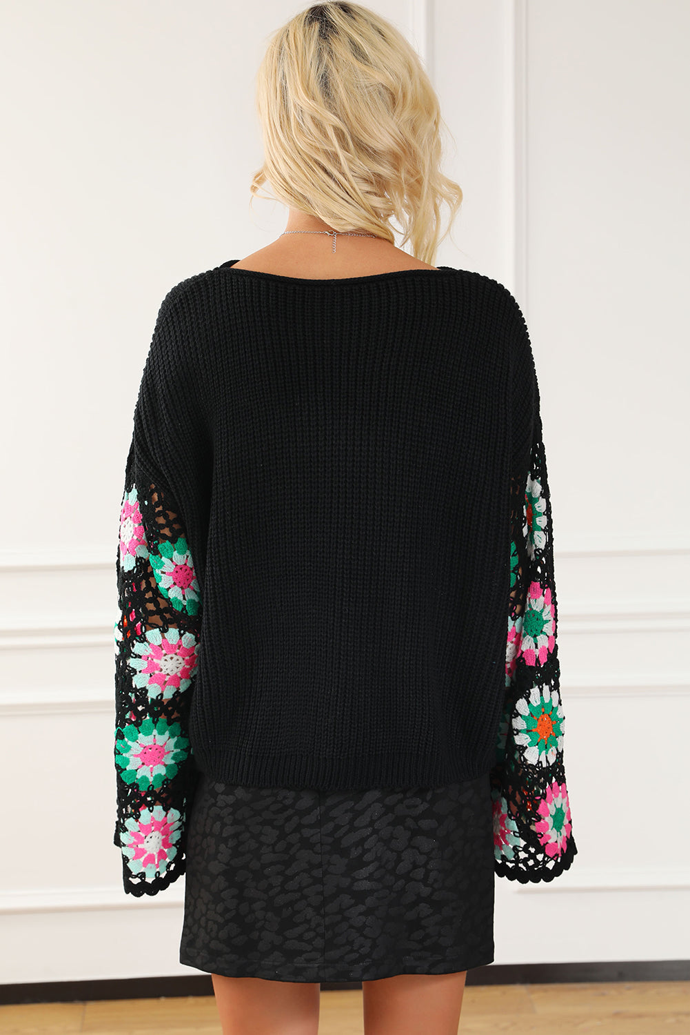 Crochet Round Neck Long Sleeve Knit Top - Drazelle Store