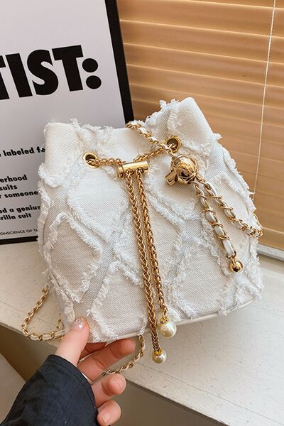 Chain Drawstring Raw Edge Denim Bucket Bag - Drazelle Store