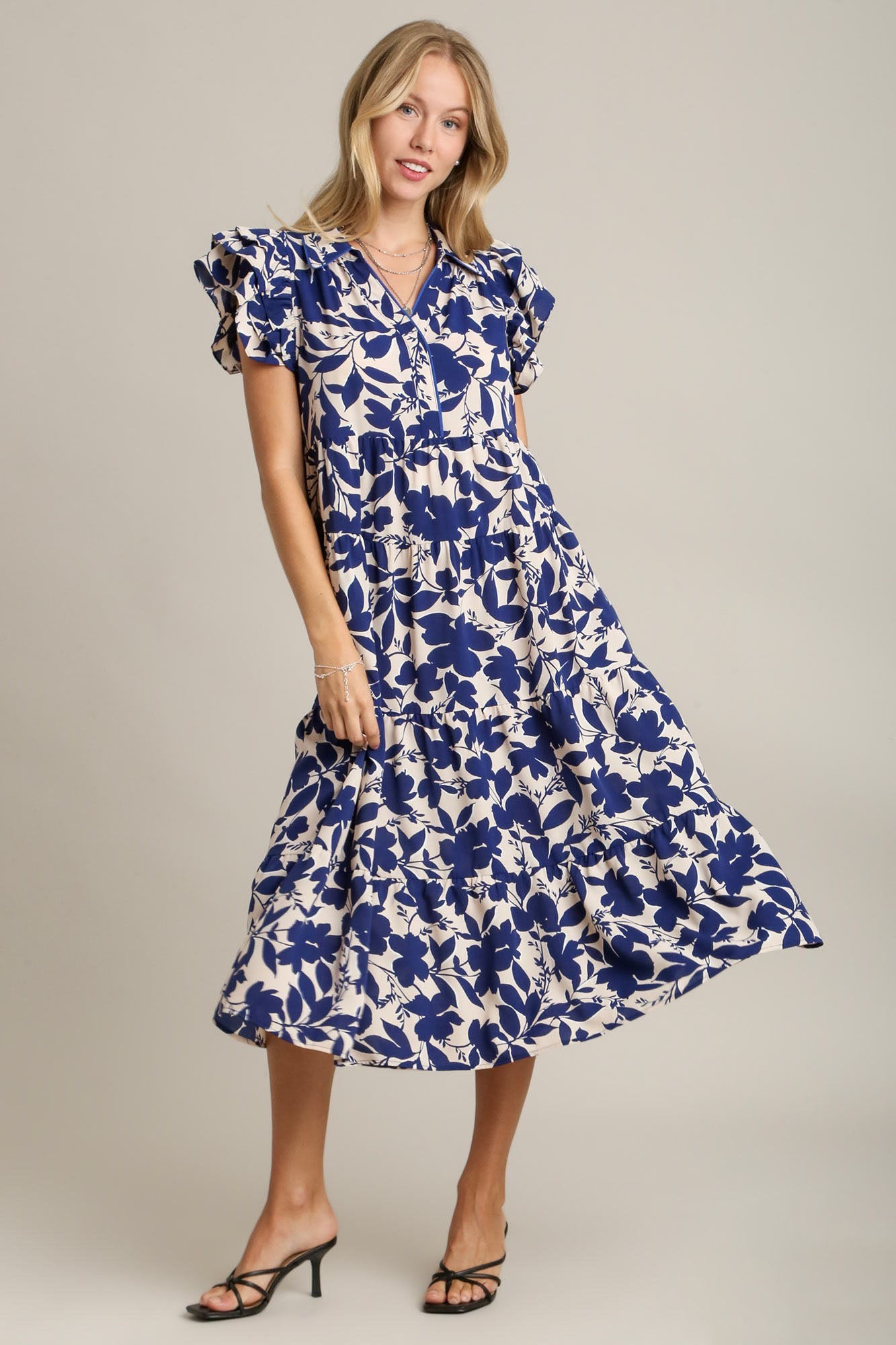 Floral Collared Ruffle Cap Sleeve Midi Dress - Drazelle Store