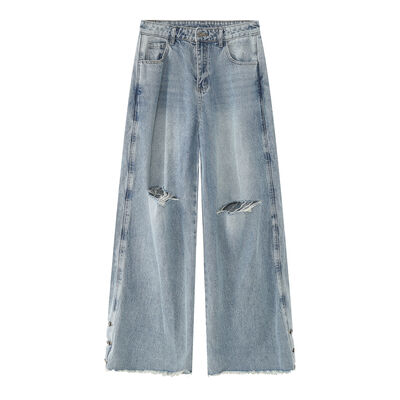 Distressed Raw Hem Wide Leg Men's Jeans - Drazelle Store