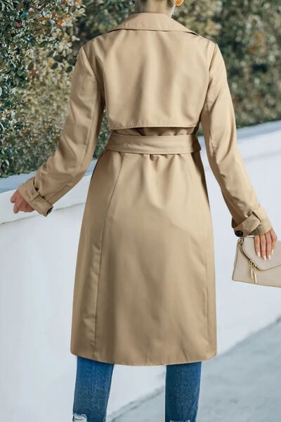 Collared Neck Tie Waist Buttoned Long Sleeve Trench Coat - Drazelle Store