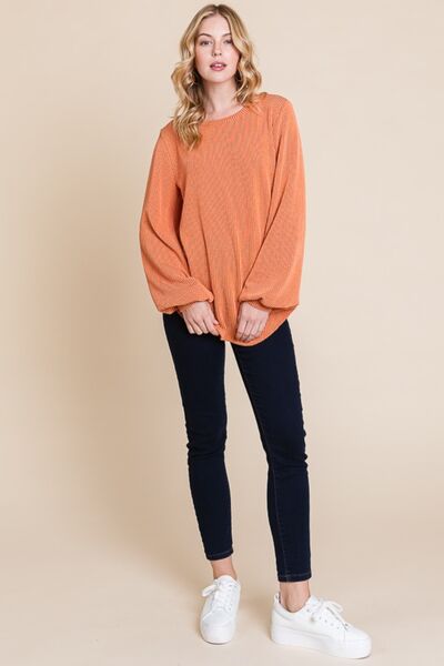 BOMBOM Long Sleeve Curved Hem Ribbed T-Shirt - Drazelle Store