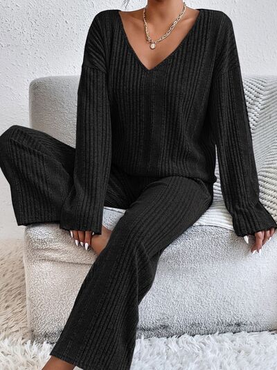 V-Neck Long Sleeve Top and Pants Set - Drazelle Store