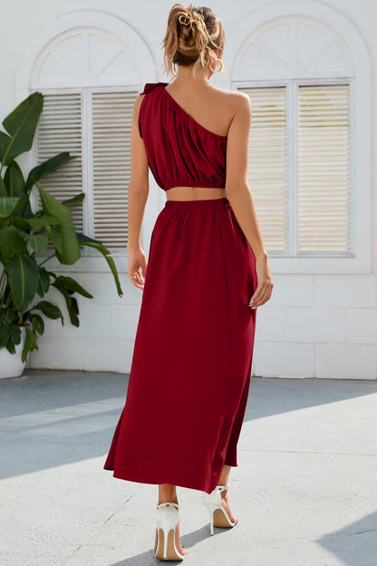 One Shoulder Top and Slit Skirt Set - Drazelle Store