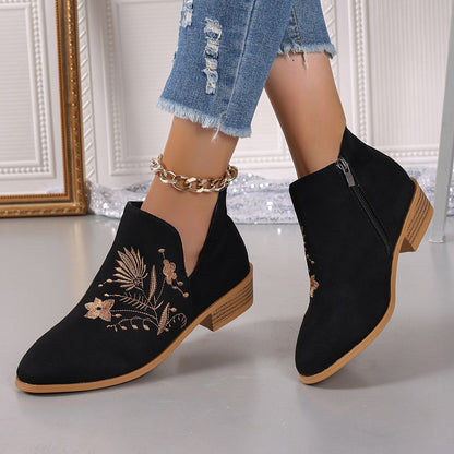 Embroidered Suede Point Toe Block Heel Boots - Drazelle Store