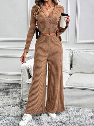 Perfee Surplice Long Sleeve Top and Pants Set - Drazelle Store