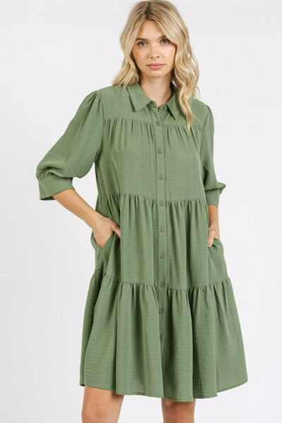 Mittoshop Button Detail Collared Neck Tiered Shirt Dress - Drazelle Store