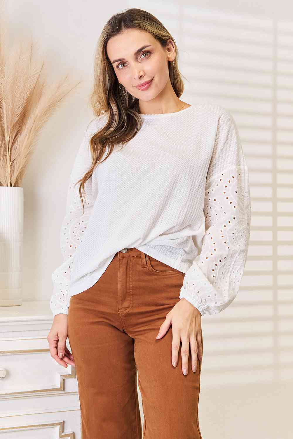 Shiny Eyelet Dropped Shoulder Round Neck Blouse - Drazelle Store