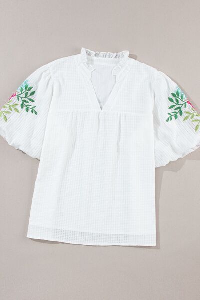 Floral Embroidered Puff Sleeve Notched Blouse - Drazelle Store