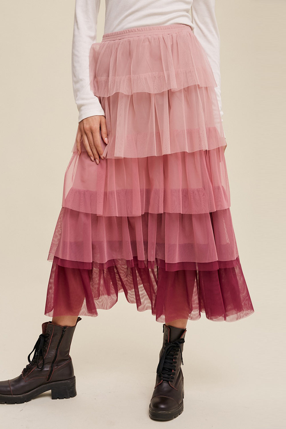 Elastic Waist Layered Tulle Midi Skirt - Drazelle Store