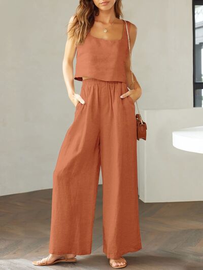 Square Neck Top and Wide Leg Pants Set - Drazelle Store