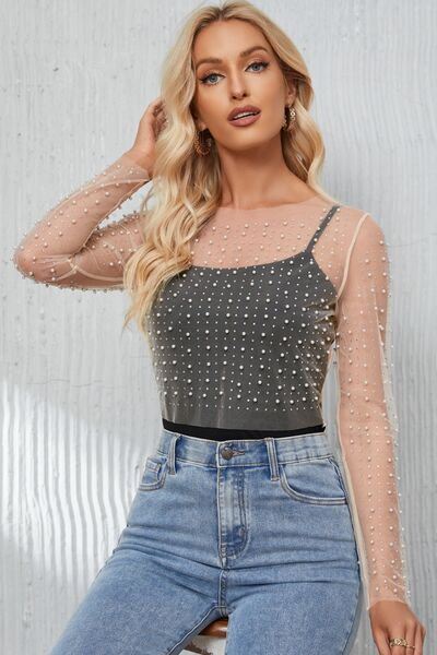 Pearl Long Sleeve Mesh Cropped Top - Drazelle Store