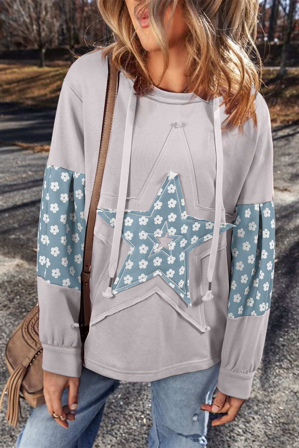 Floral Patchwork Star Pattern Drawstring Hoodie - Drazelle Store