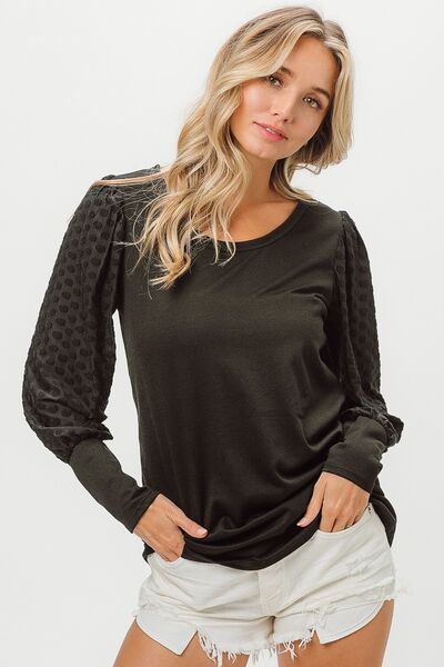 BiBi Round Neck Polka Dot Lantern Sleeve Top - Drazelle Store