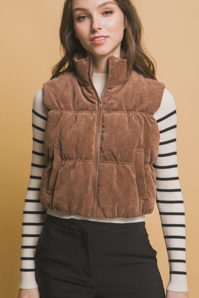 Love Tree Corduroy Zip Up Puffer Vest with Pockets - Drazelle Store