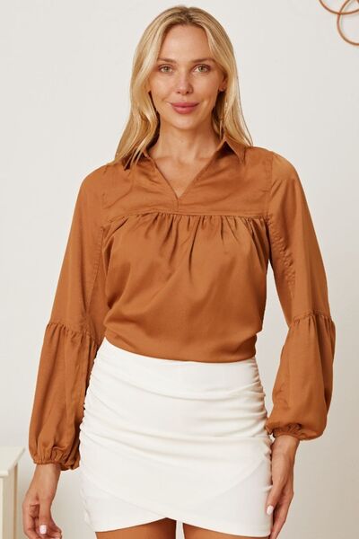 Balloon Sleeve Collared Neck Blouse - Drazelle Store