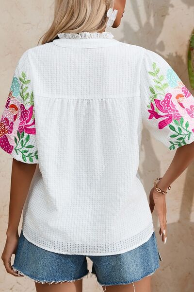 Floral Embroidered Puff Sleeve Notched Blouse - Drazelle Store