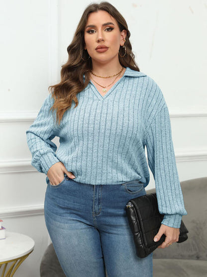 Plus Size Ribbed Collared Neck Long Sleeve Blouse - Drazelle Store